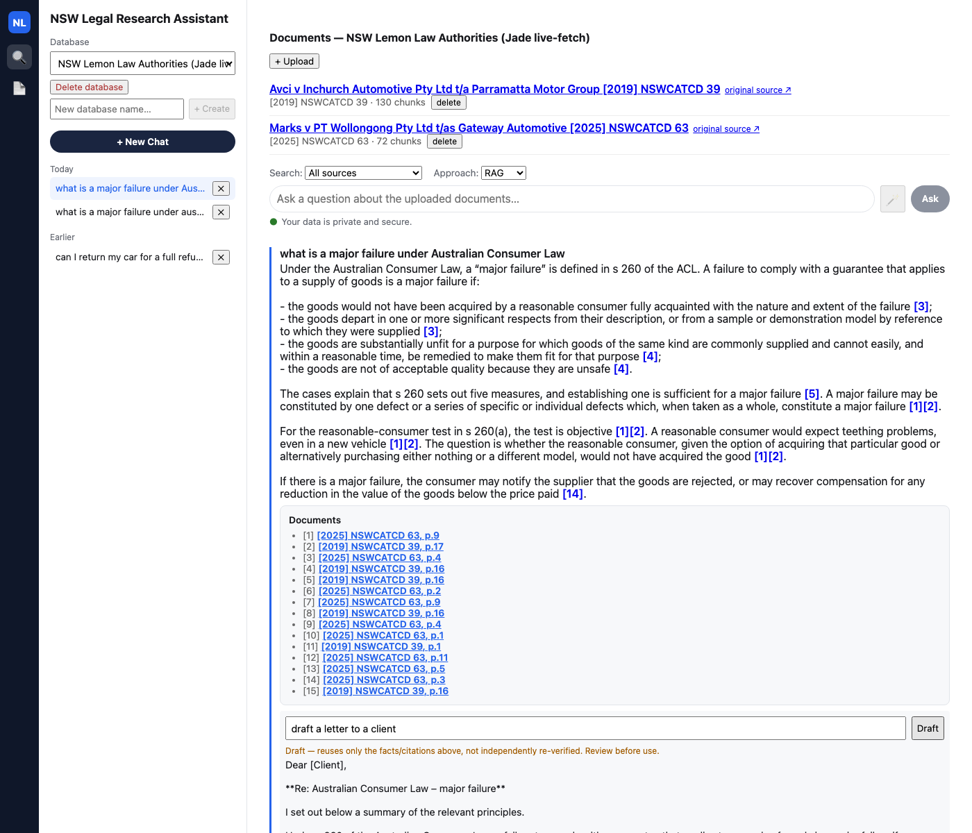 The real drafting UI: an instruction box, a "Draft" button, and the app's own disclaimer printed directly beneath the output — "Draft — reuses only the facts/citations above, not independently re-verified. Review before use."