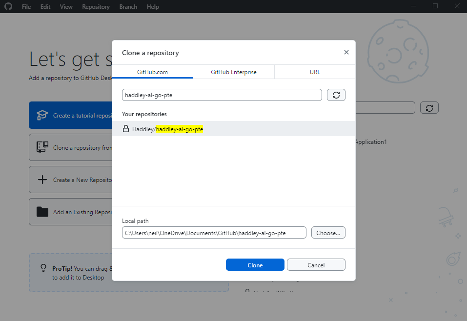 I used GitHub Desktop to clone the haddley-al-go-pte repository