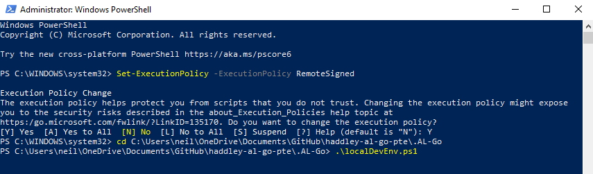 I navigated to the .AL-Go folder and ran the localDevEnv.ps1 PowerShell script