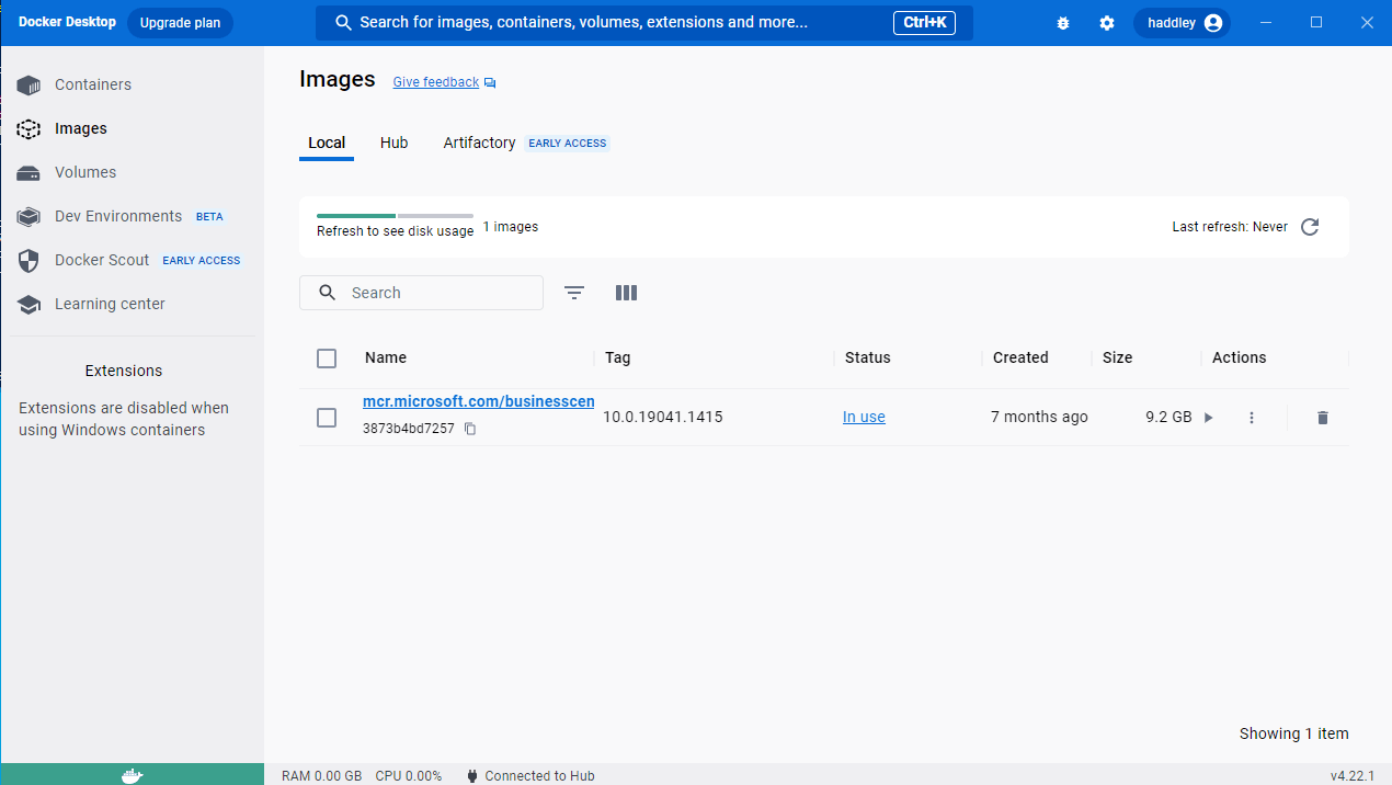 Docker desktop displays the Business Central image