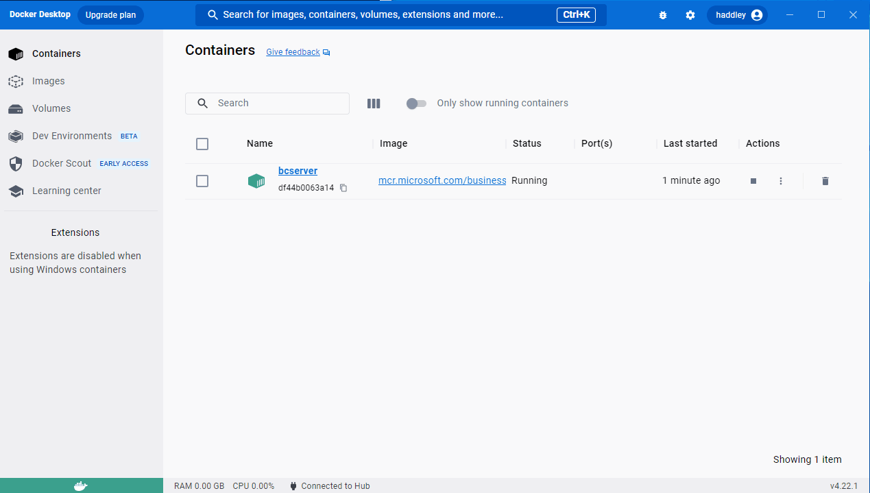 Docker desktop displays the Business Central container
