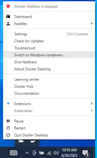 I switched Docker to support Windows container (rather than Linux containers)