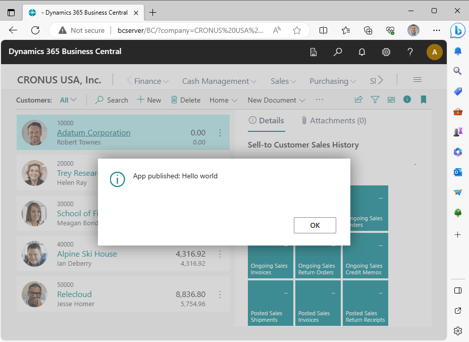 The sample extension has been deployed. Navigating to the customers page triggers the message
