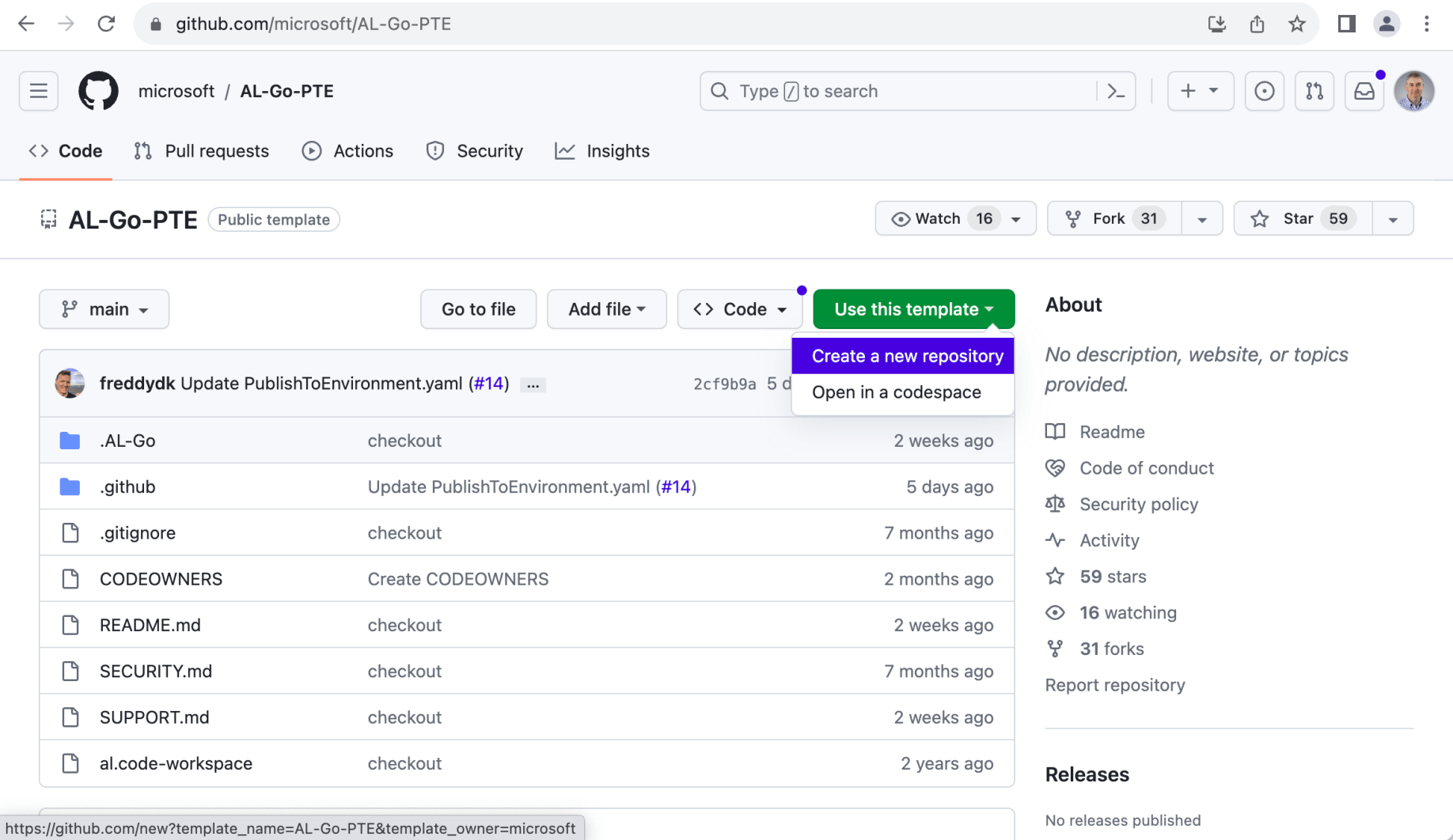 Create a new repository using the AL-Go-PTE GitHub template repository