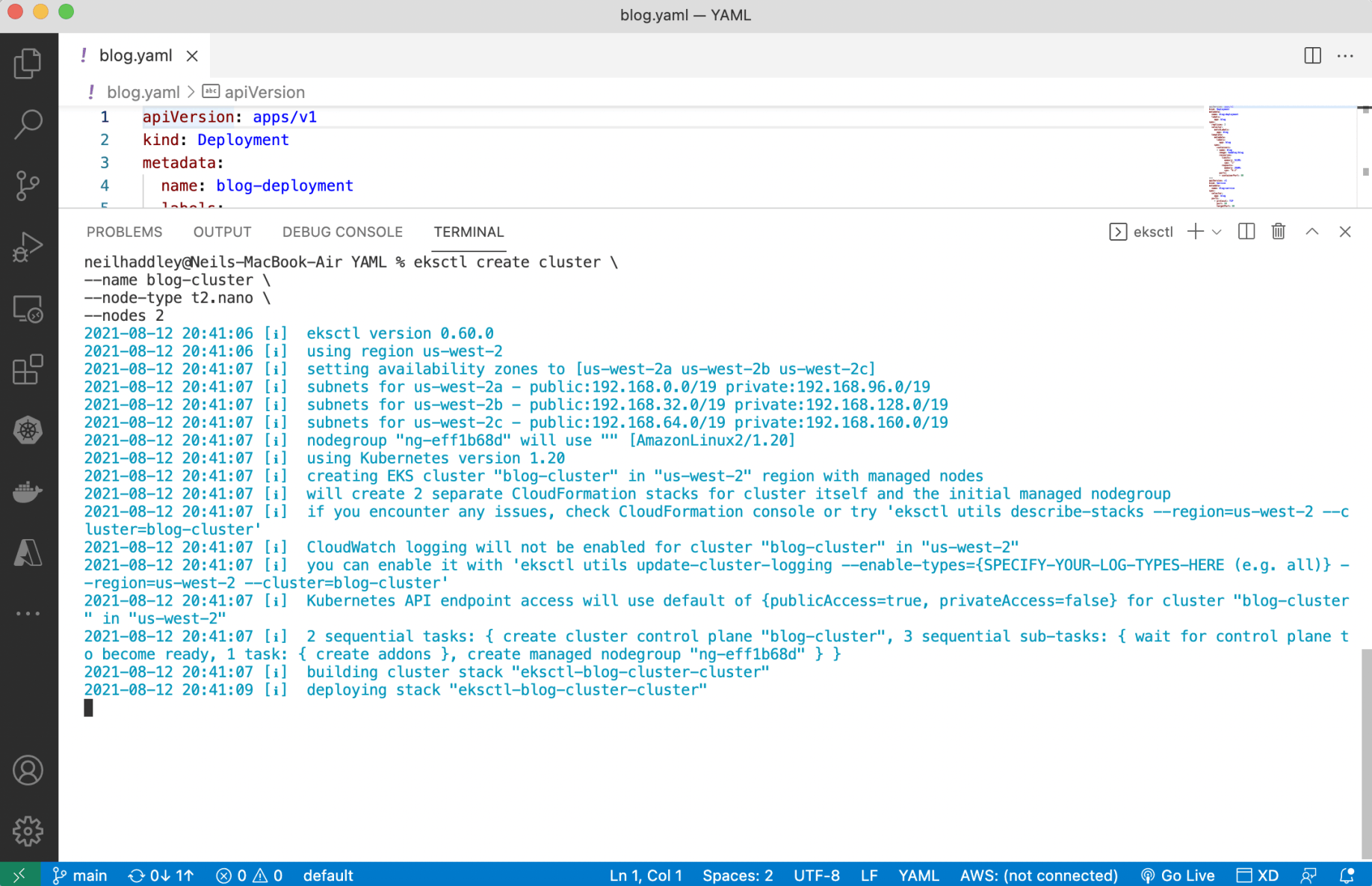 using eskctl to create a cluster (node type t2.nano)