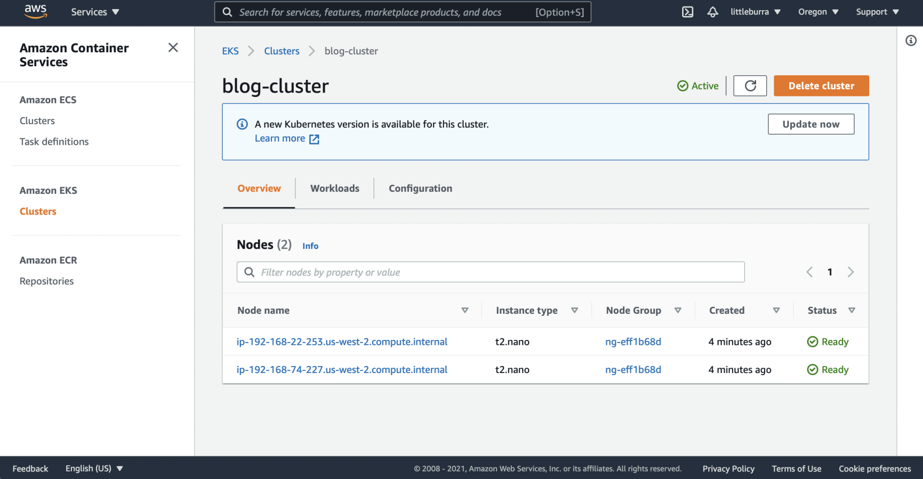 blog-cluster Elastic Cloud Compute (EC2) nodes created
