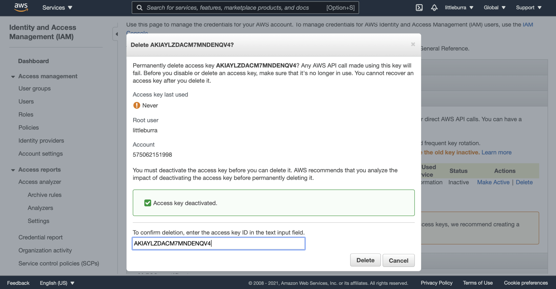 Confirm the access key name and click the Delete button