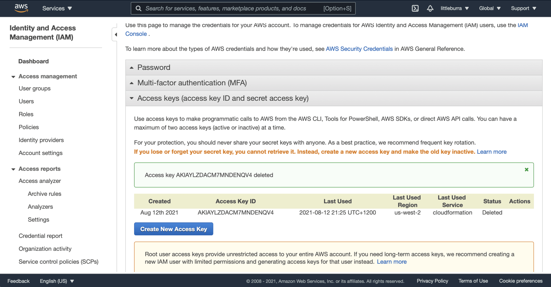 The Access key has been deleted
