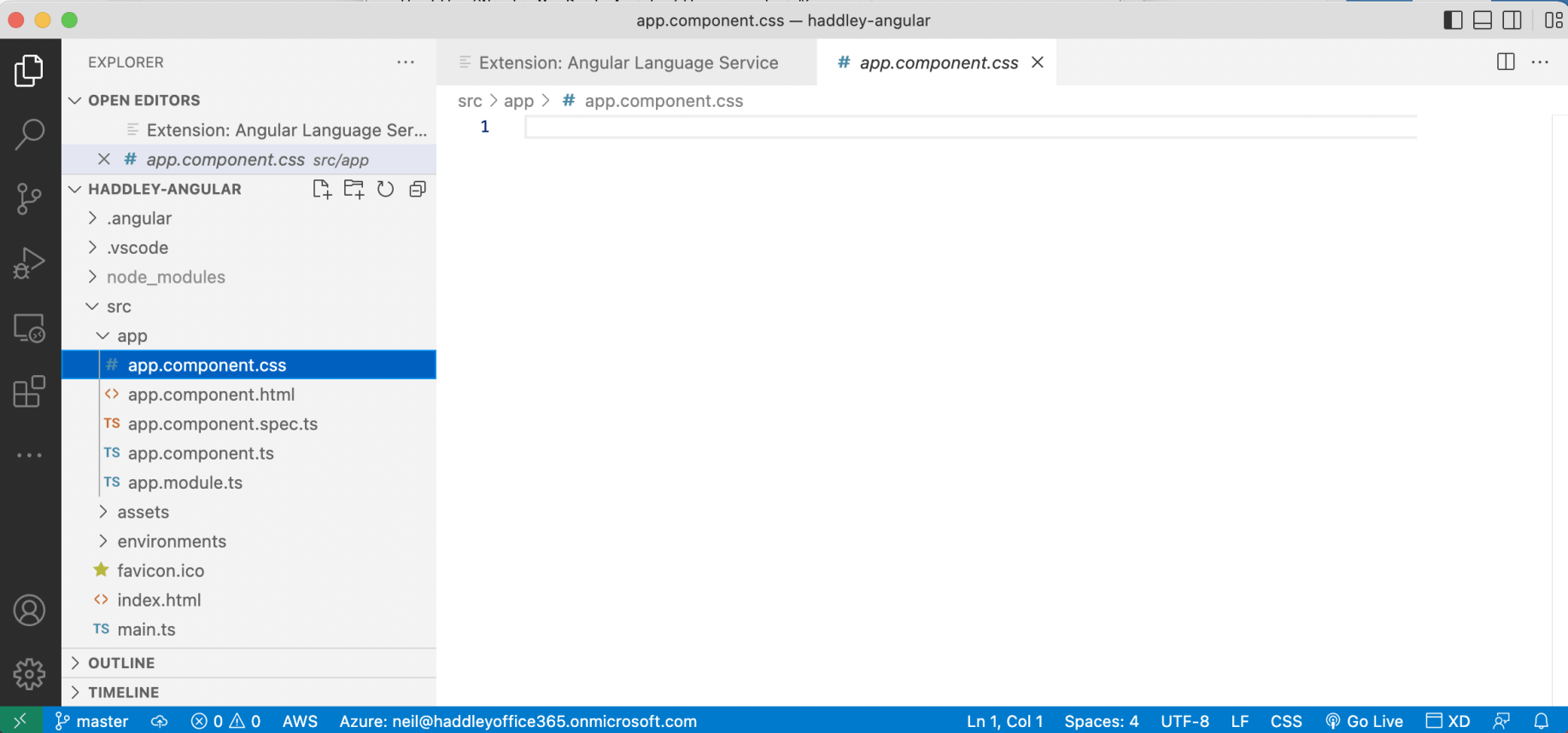 app.component.css contains the home page component's styling (initially empty)