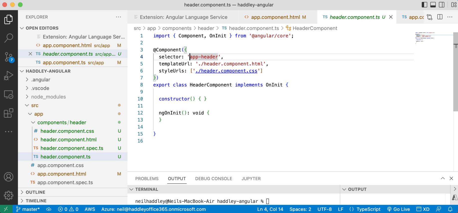The new component's selector is "app-header"