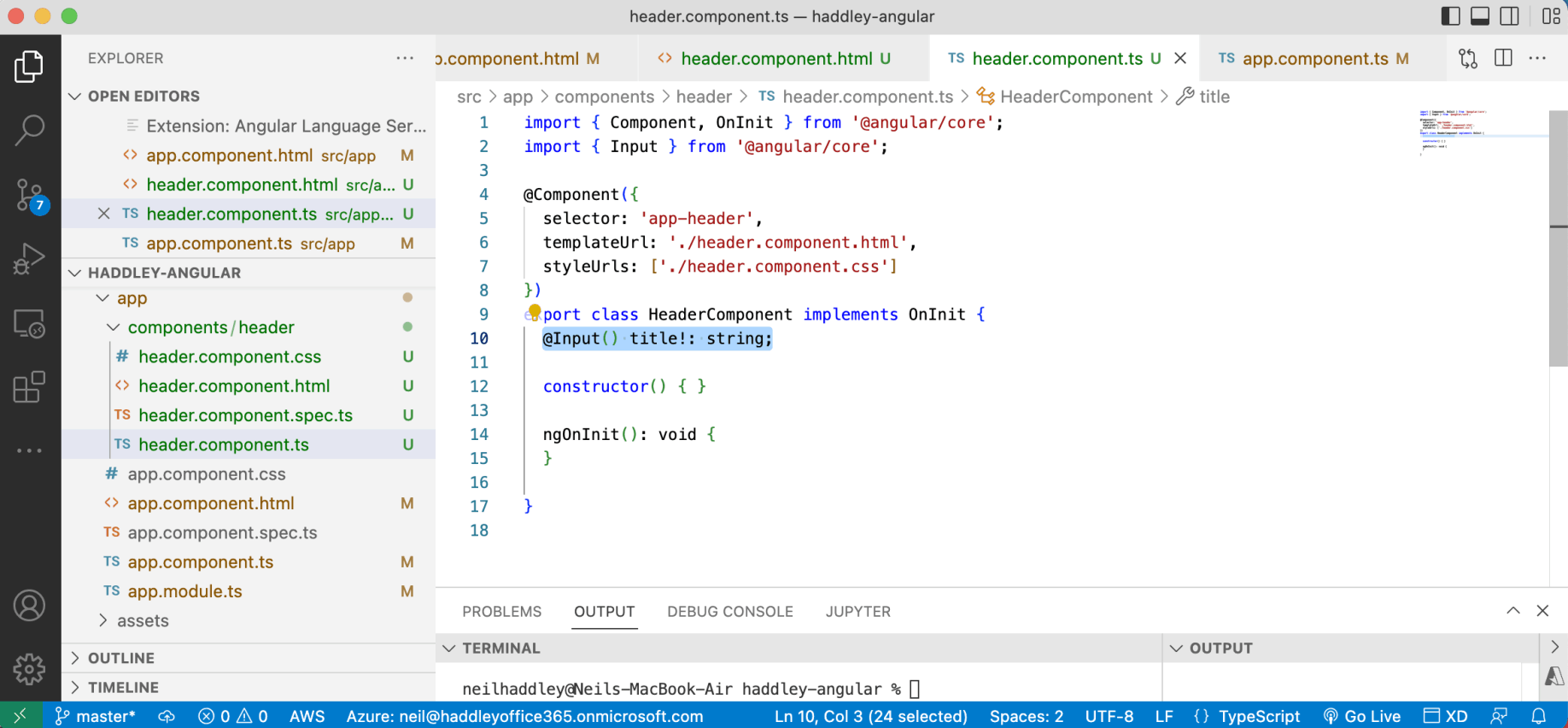 I added @Input() title: string to the header component allowing the header component to accept the "title" attribute
