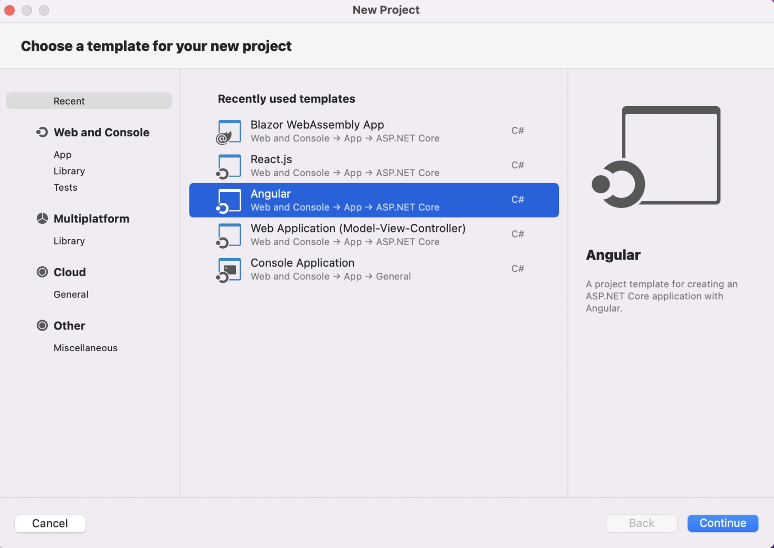 I selected the Angular template