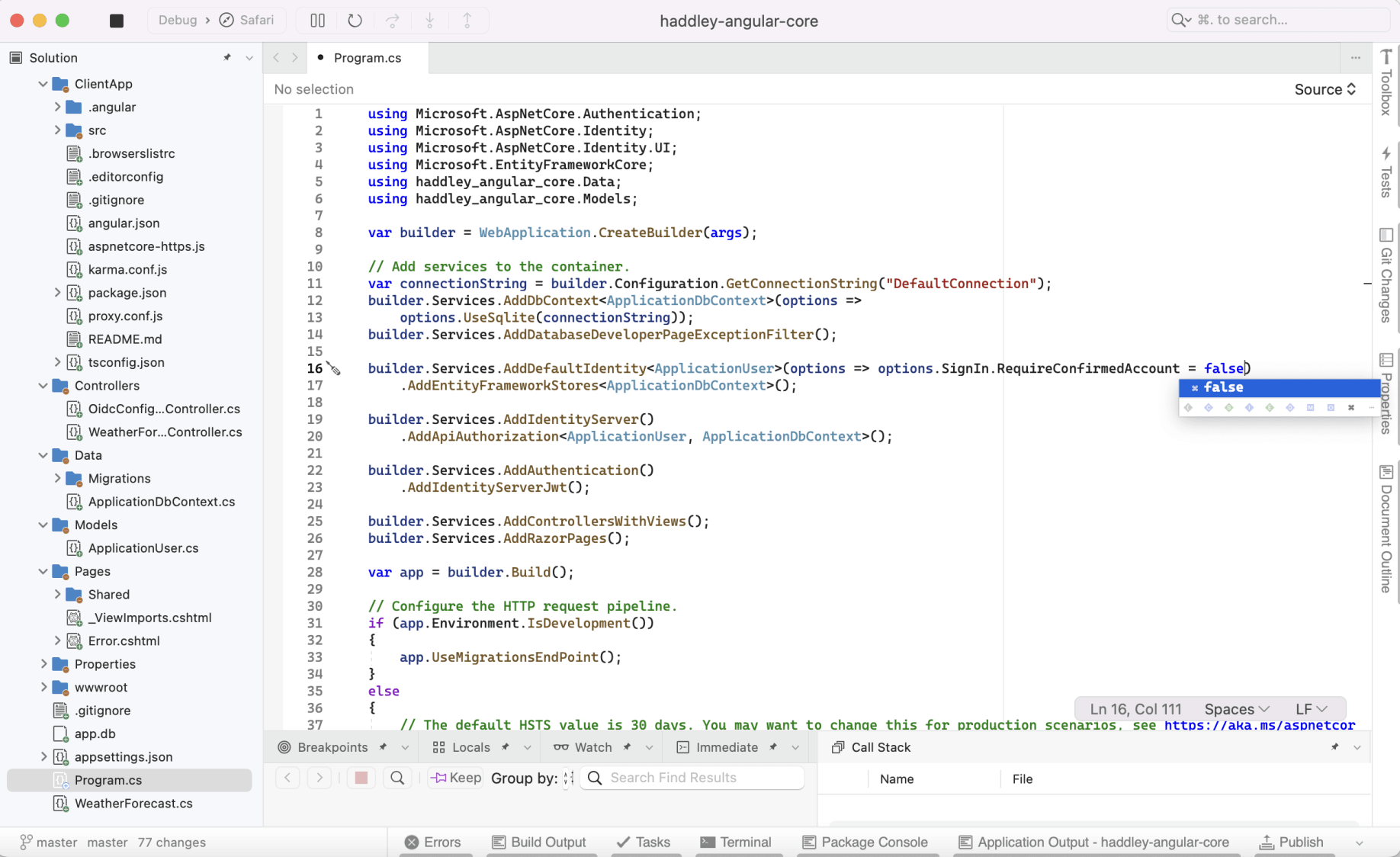 I reviewed the Program.cs file. The template includes a local user database. I registered as a user.