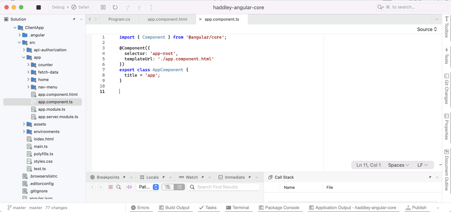 app.component.ts depends on the app.component.html template