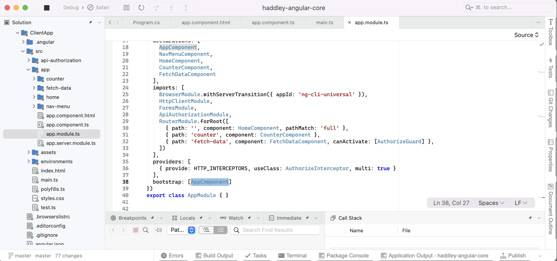 app.module.ts declares {AppComponent, NavMenuComponent, ...} and the bootstrap value is set to AppComponent