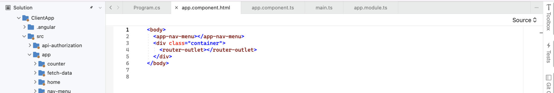 The app.component.html template includes a Navigation menu.