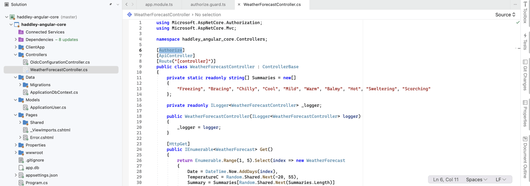 The WeatherForecastController includes [Authorize] decorator