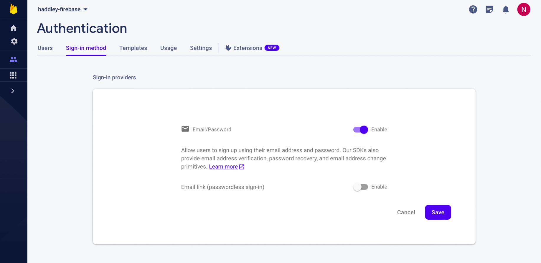 Email/Password enable