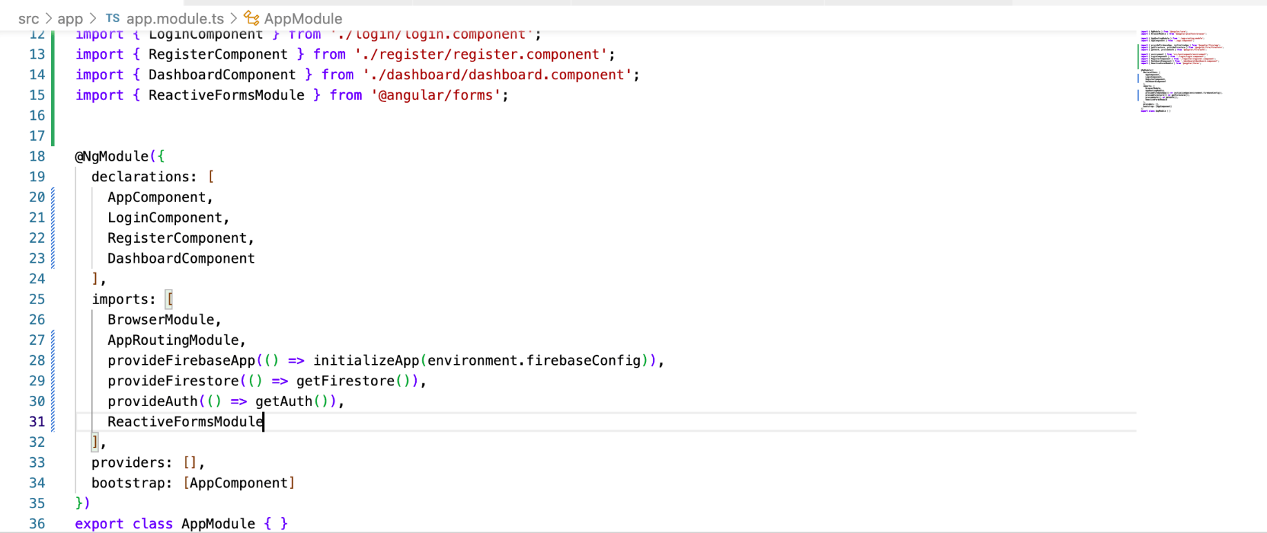 I added provideFirebaseApp, provideFirestore, provideAuth and ReactiveFormsModule to app.module.ts