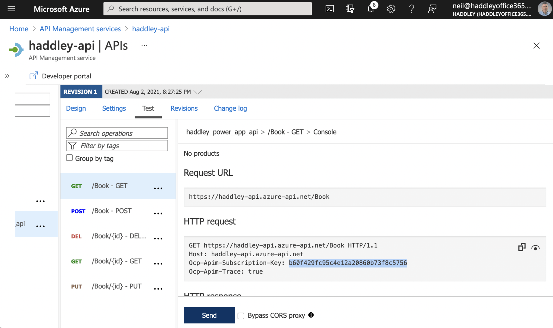 Notice that a Subscription key was provided in the API Management test page