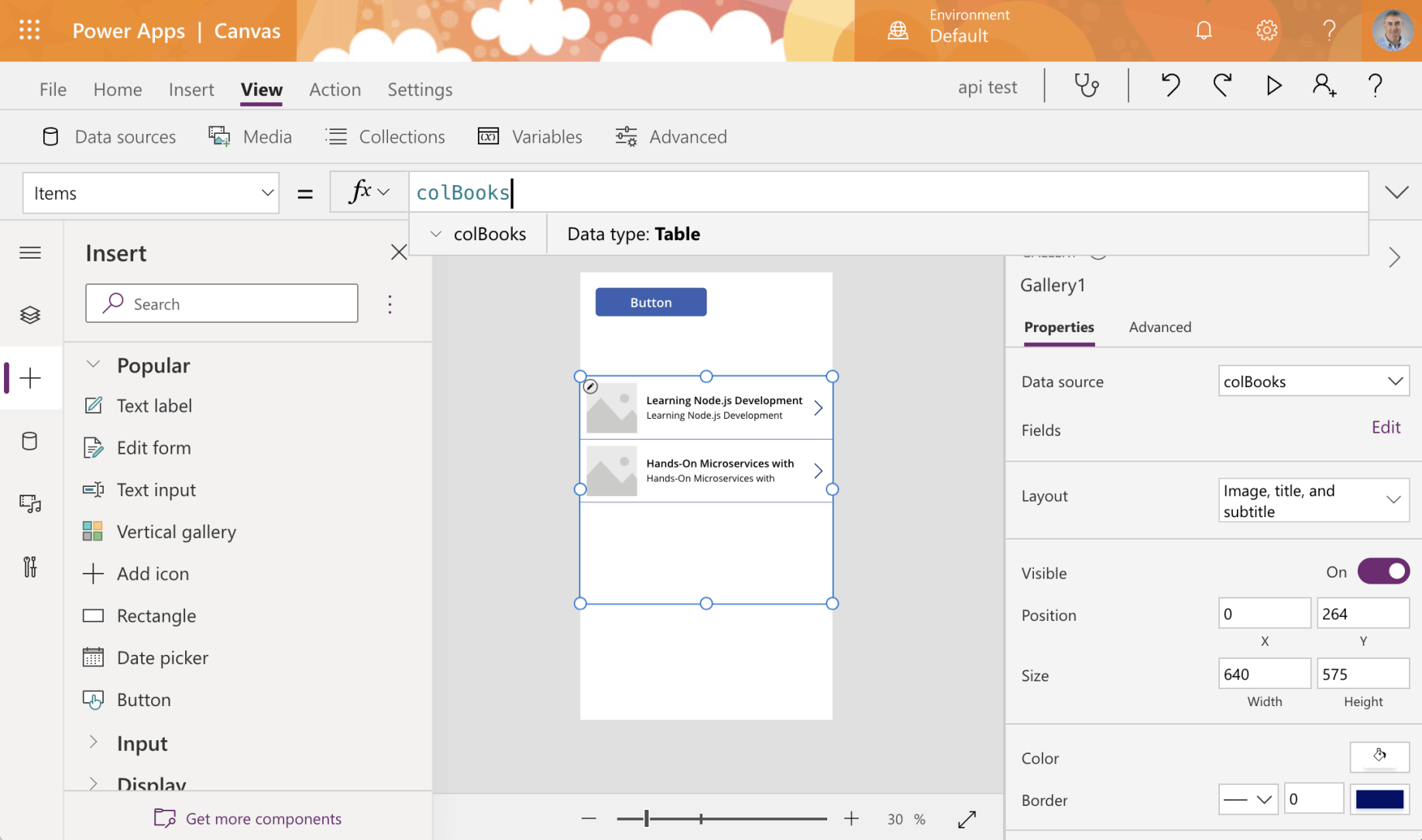 Add a gallery control and set items property to colBooks collection