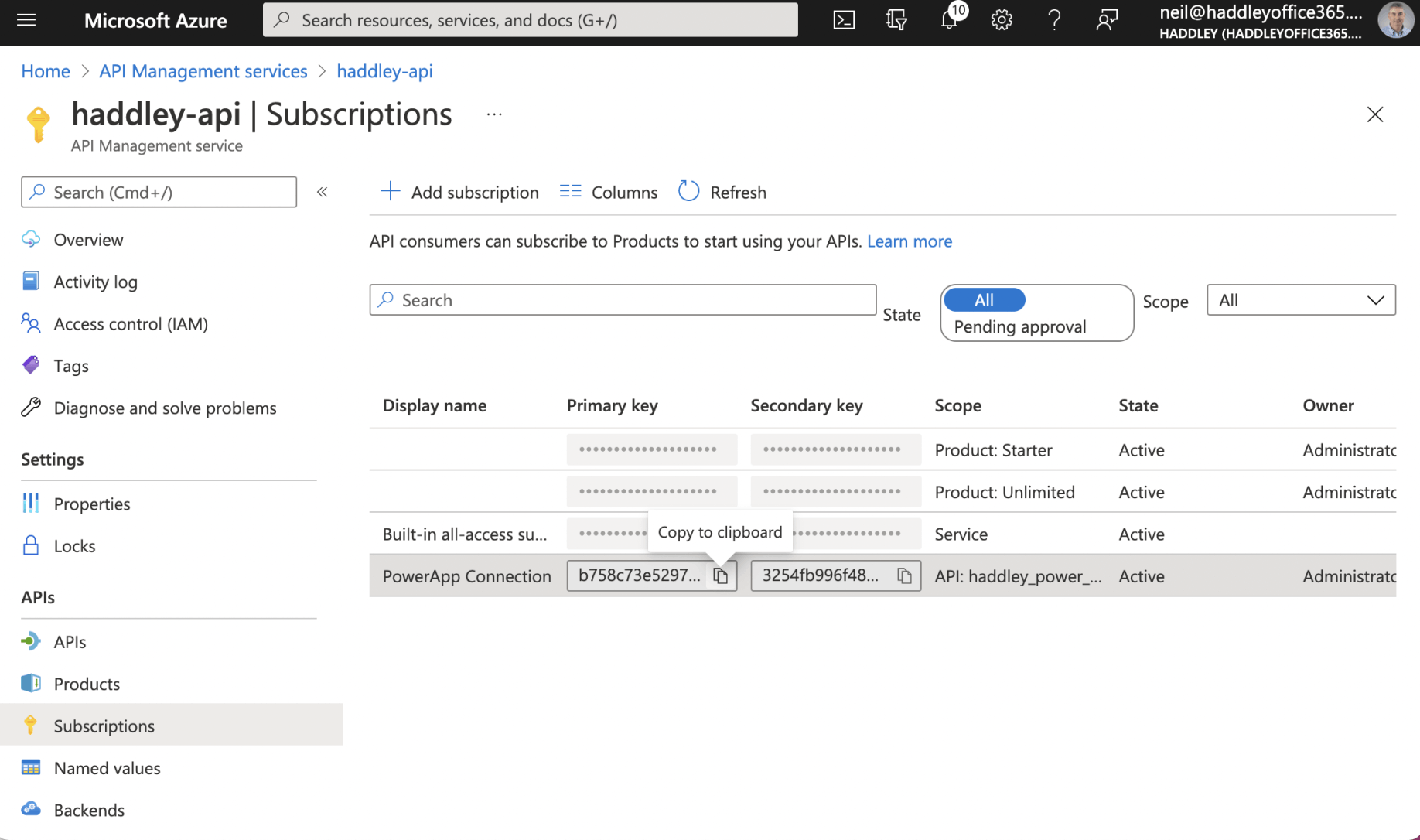 Copy the subscription key