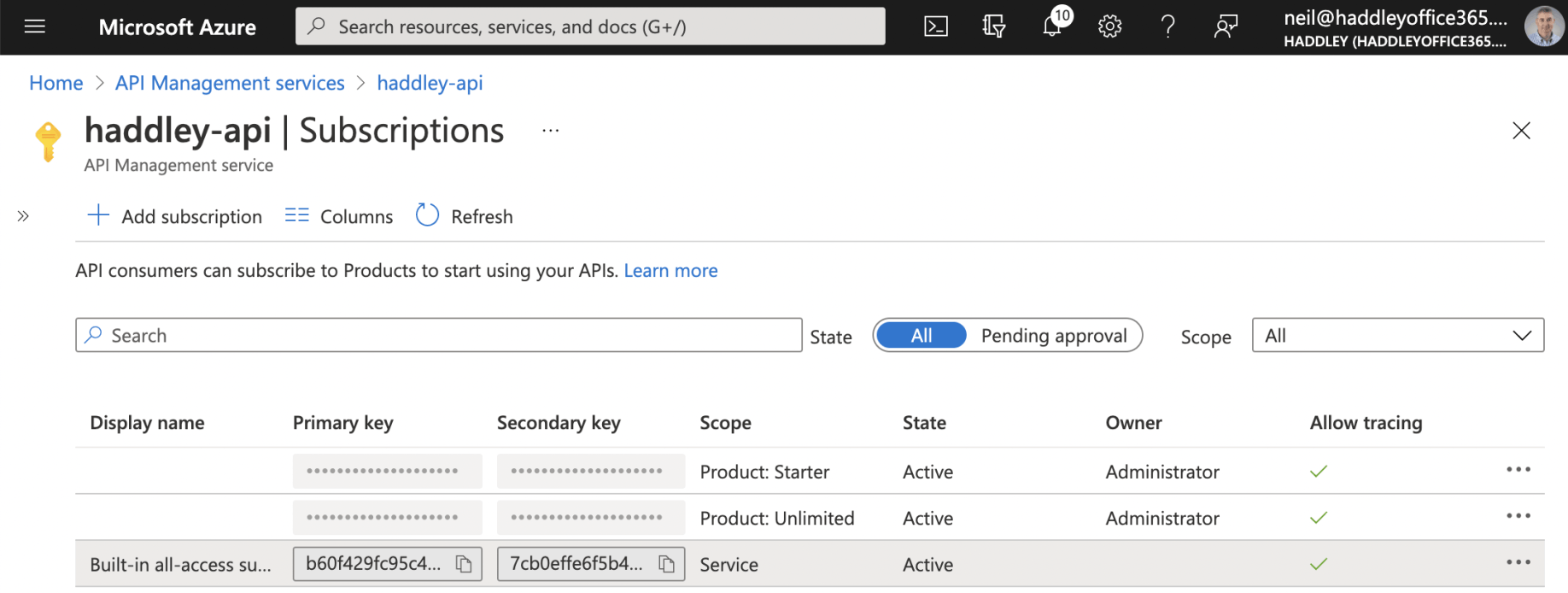 The same Subscription key value can be copied from the API Management Subscriptions page