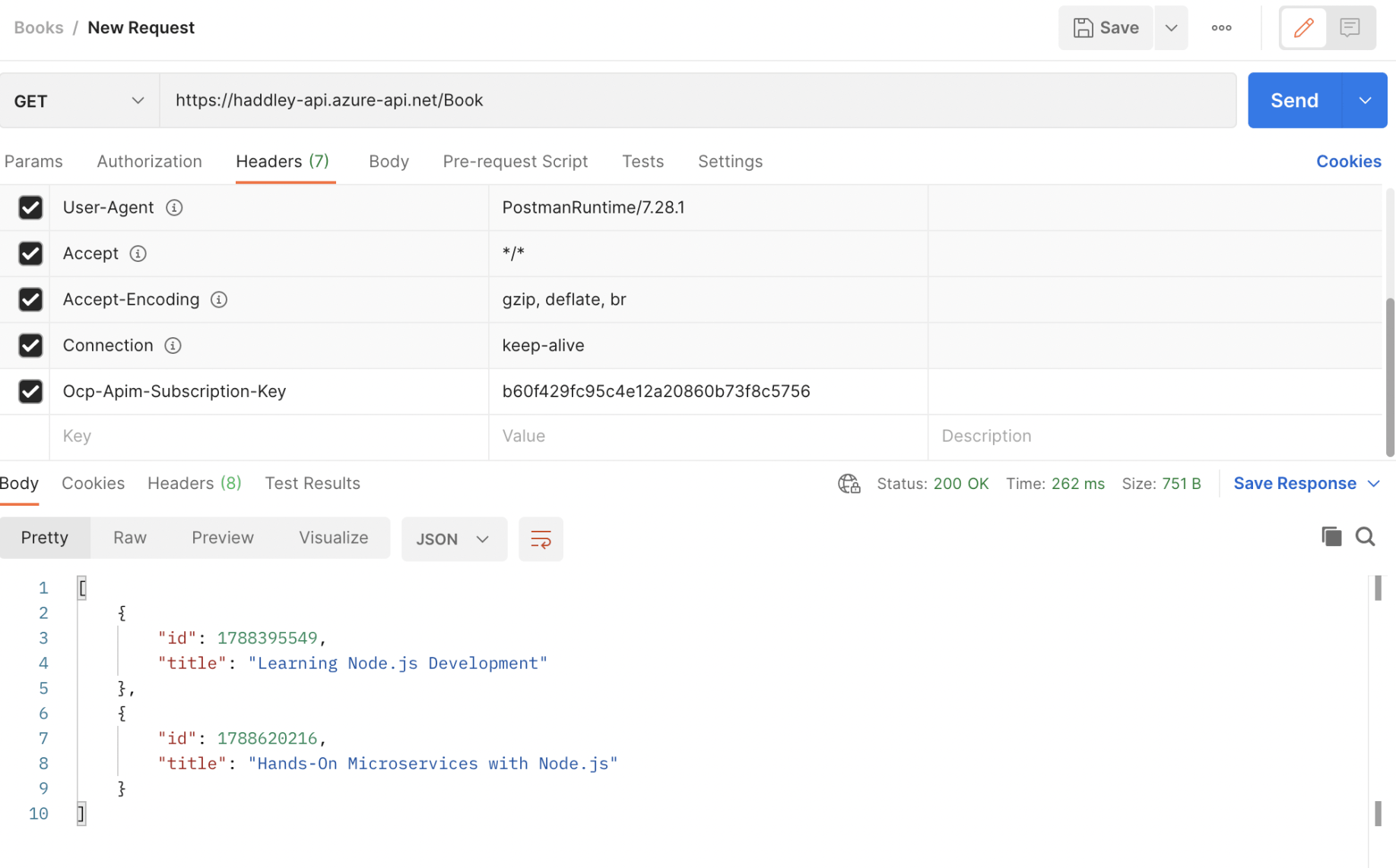 Using Postman to call the API Management service providing the Subscription key