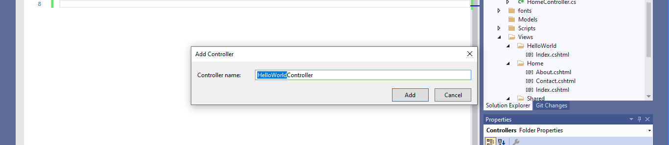 I named the controller HelloWorldController (in line with the folder I had already created)