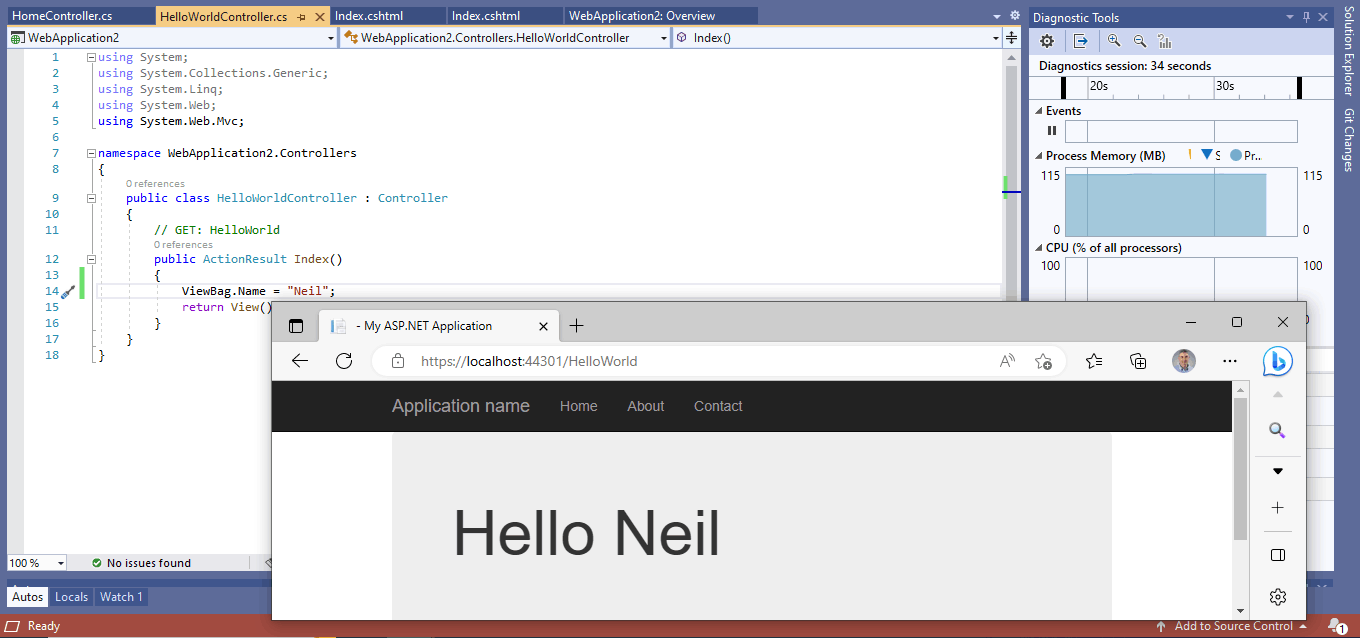 I updated the Controller function to set the "Name" value before returning the view. I refreshed the browser.