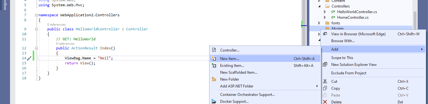 I selected the Models folder and selected the Add | New Item... menu item