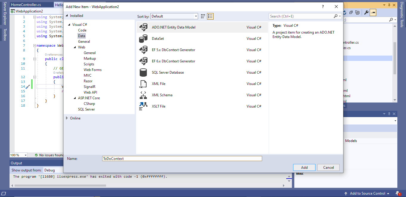 I entered the name ToDoContext and selected ADO.NET Entity Data Model