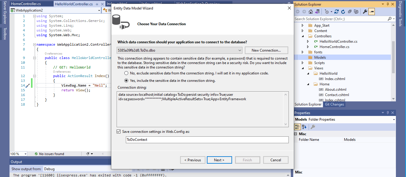 I asked Visual Studio to save the connection details in the Web.Config file (notice that the Web.Config file is never returned to a client browser)