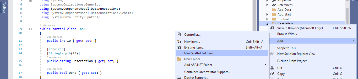 I selected the Controller folder and selected the Add | New Scaffolded Item... menu item
