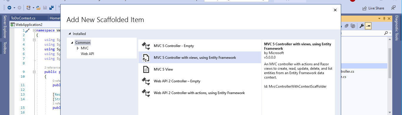 I selected the MVC 5 Controller with view, using Entity Framework option