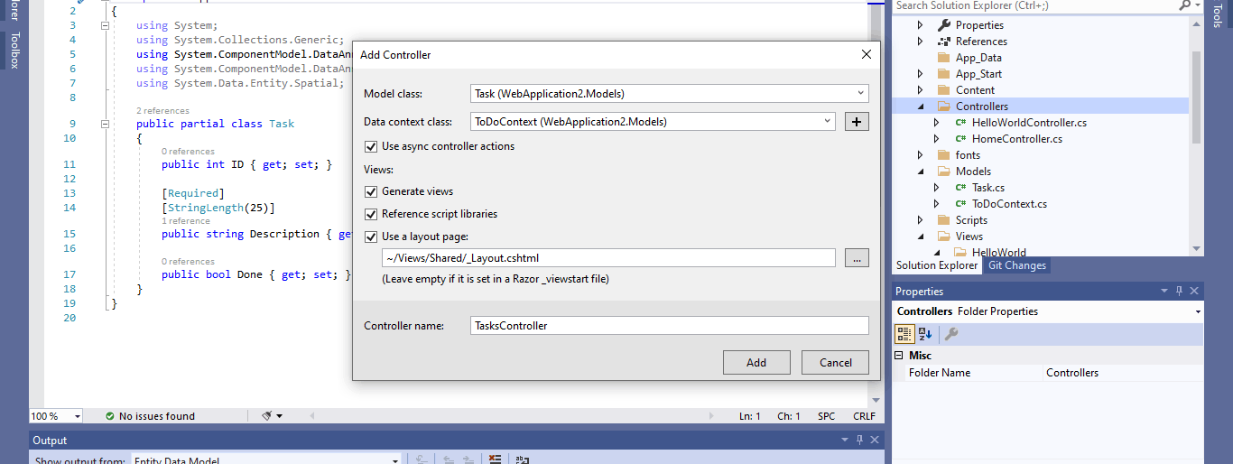 I entered the Model class name (Task) and the Data context class (ToDoContext).