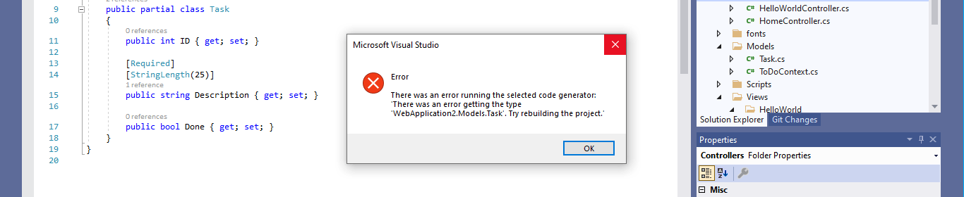 Visual Studio added CRUD controller functions and views (Visual Studio was confused by class "Task").