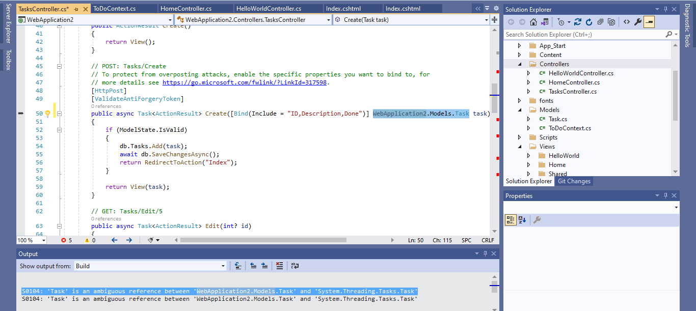 The controller functions includes Index. The TaskController.Index function will fetch all Tasks from the database and then display then using the corresponding Tasks/Index view (Models.Task class name fully qualified to avoid confusion).