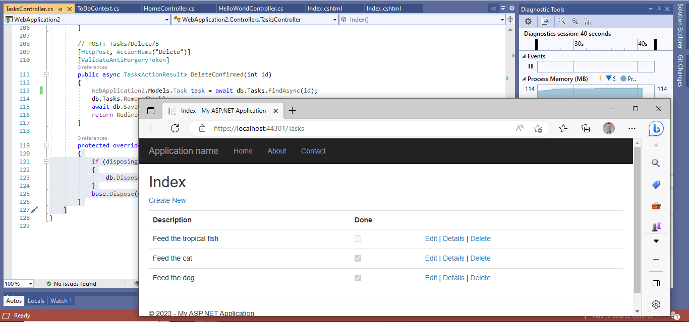 The TaskController.Index function is executed when a user navigates to /Tasks (see above)