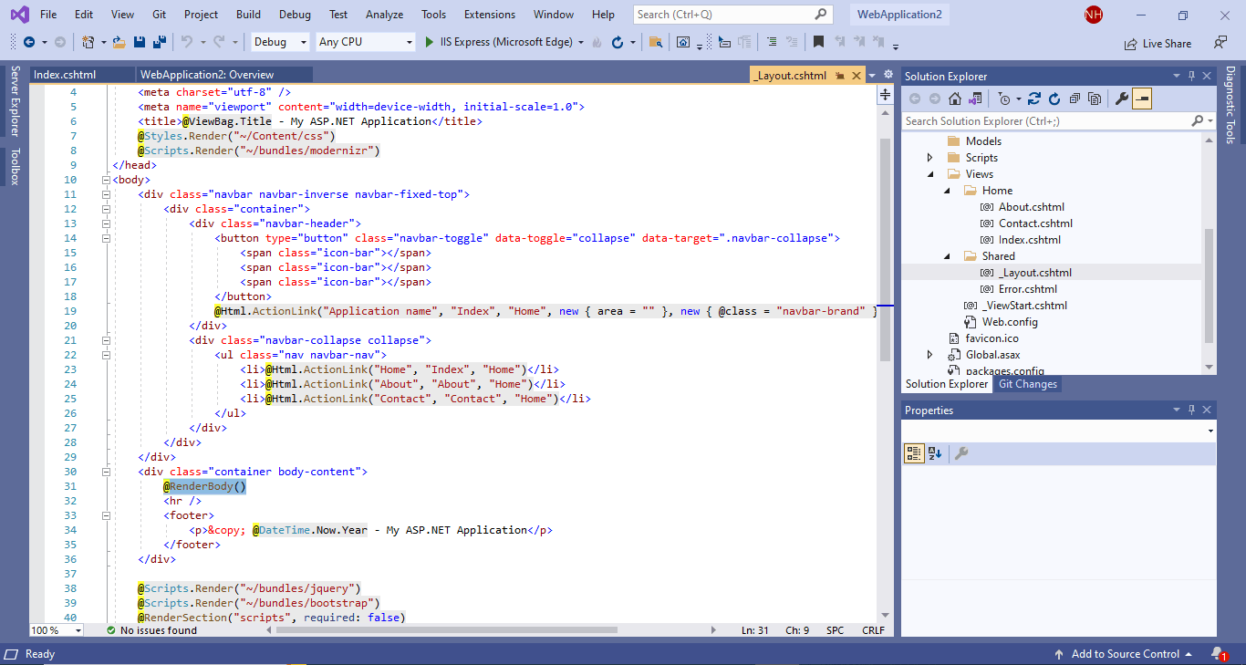 The _Layout.cshtml file provides a common web page framework and navigation