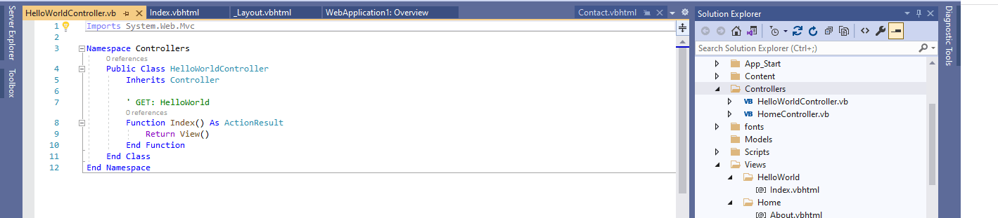 Visual Studio created an Index function that would handle requests for the HelloWorld page and return the Index view