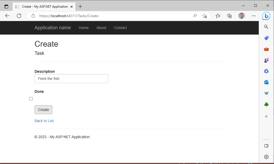 Clicking on the Create New link navigates the user to the TaskController.Create function (returning the generated Create form)