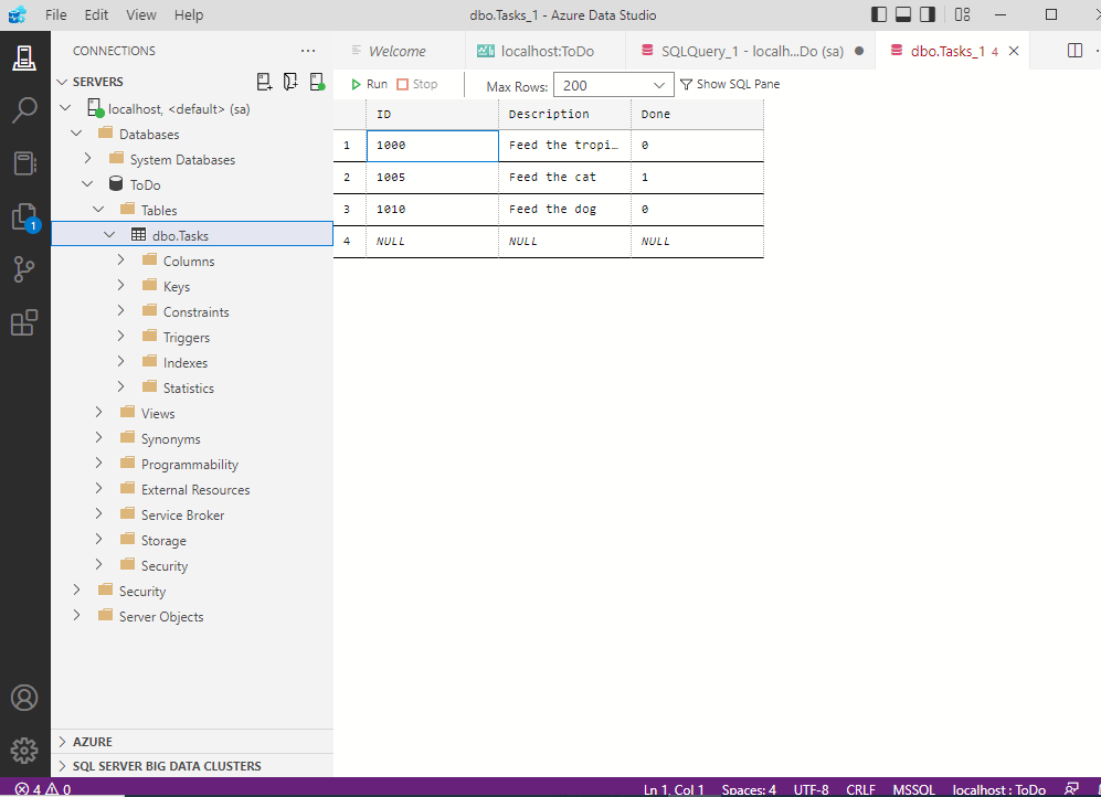I reviewed the database table using the Azure Data Studio application