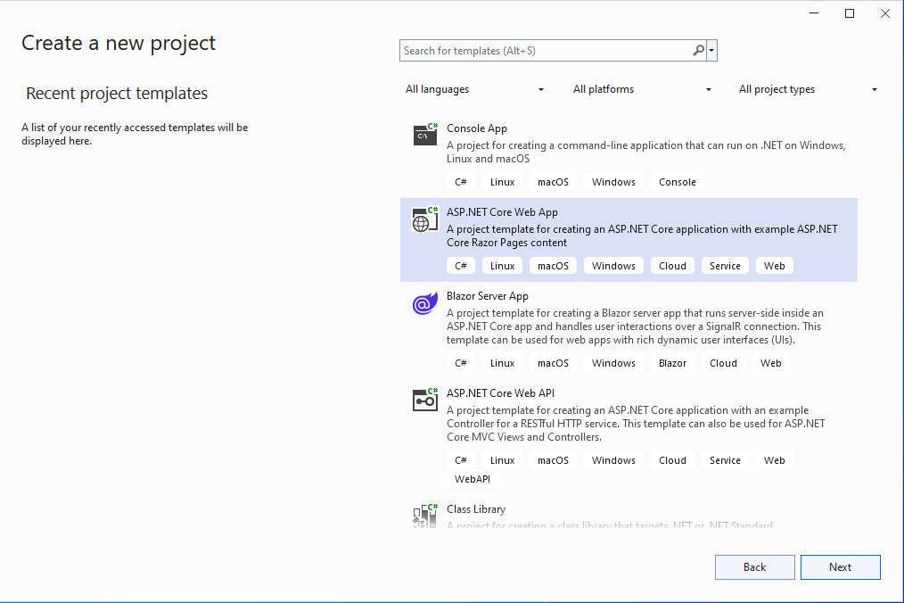 I selected the ASP.NET Core Web Site option