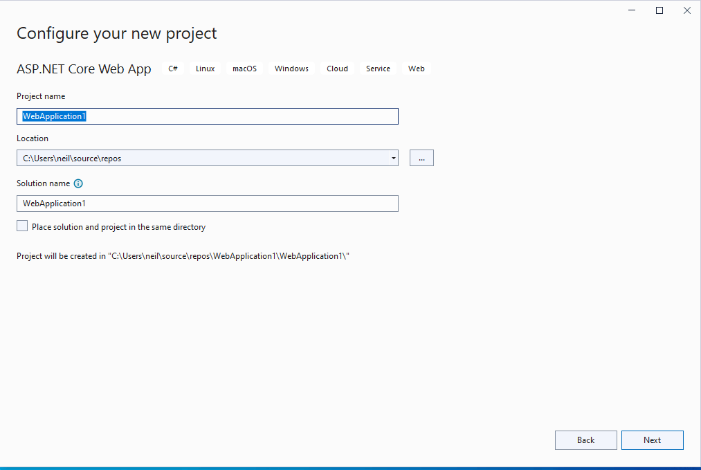 I accepted the default solution/project name
