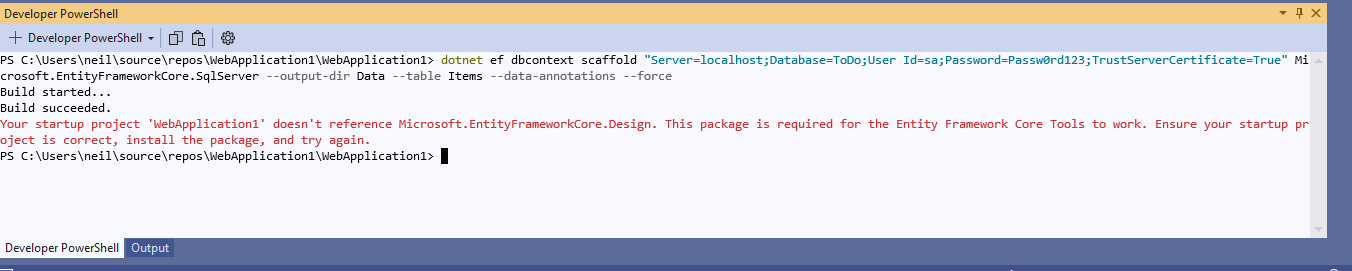 I needed to add a references to the Microsoft.EntityFrameworkCore.Design and Microsoft.EntityFrameworkCore.SqlServer packages.