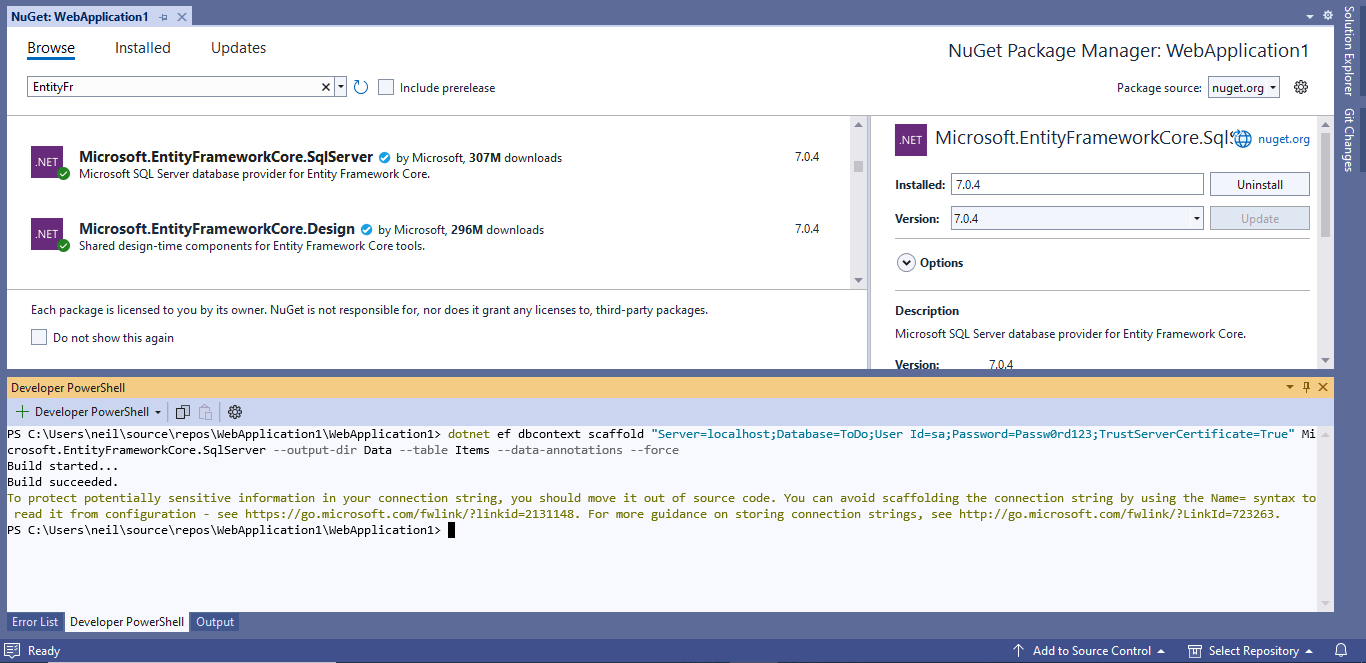 I ran the dotnet ef dbcontext scaffold... command to generate the entity framework related classes.