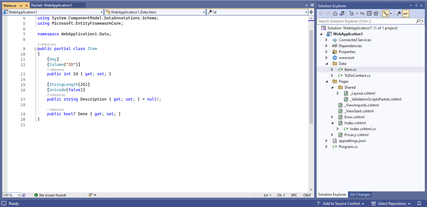 The Item class describes a database table row.