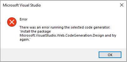 I ran into an odd issue related to the Microsoft.VisualStudio.Web.CodeGeneration.Design package that was already installed. I reinstalled and tried again.