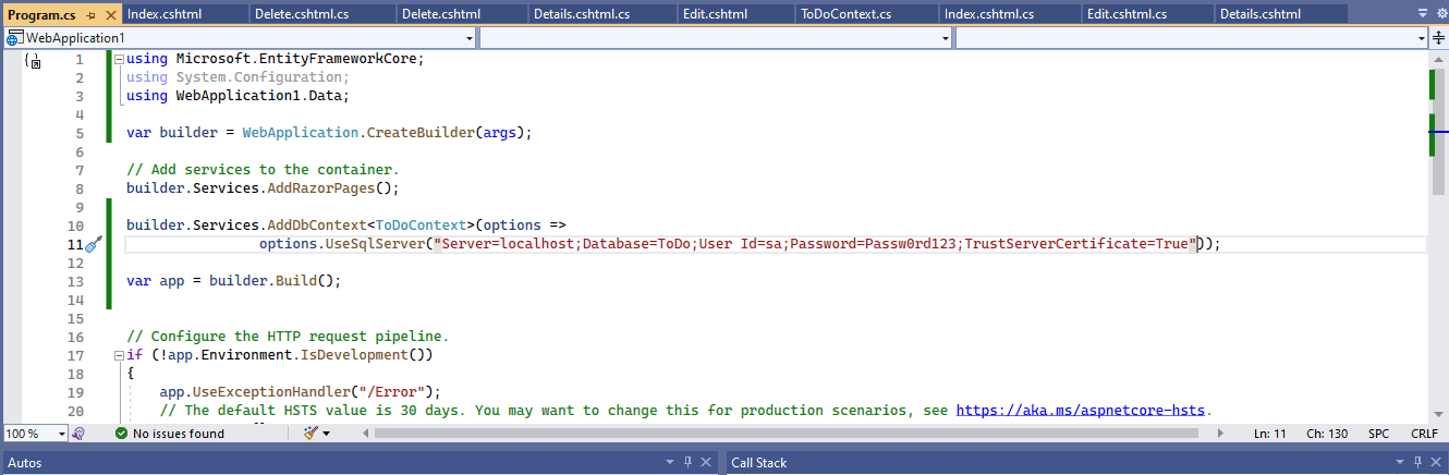 I updated Program.cs to include a reference to ToDoContext...
